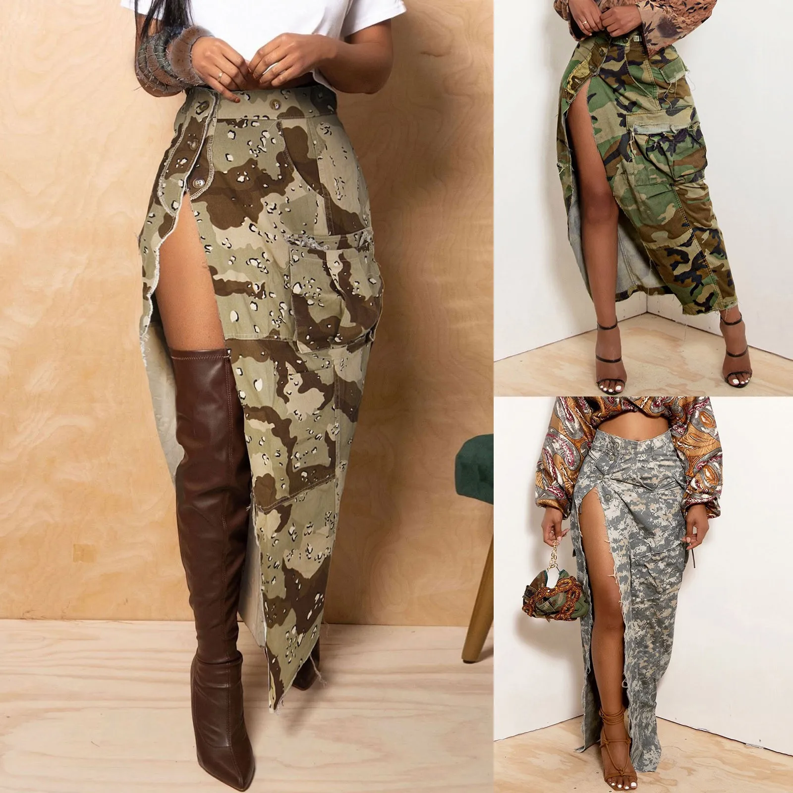 

Women Fashion Camo Cargo Long Skirt Sexy High Split Button Ripped Hem Camouflage Mini Skirts With Pockets Dance Skirt Toddler