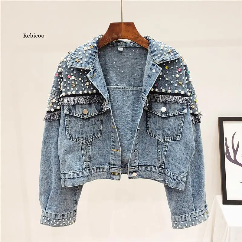 

2021 Autumn Streetwear Denim Jacket Women Hand-studded Pearls Punk Tassel Veste Loose Short Jeans Coat Korean Harajuku Top