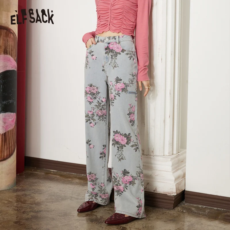 ELFSACK Vintage Full Printing Wide Leg Jeans Women 2023 Spring Loose High Waist Daily Trousers