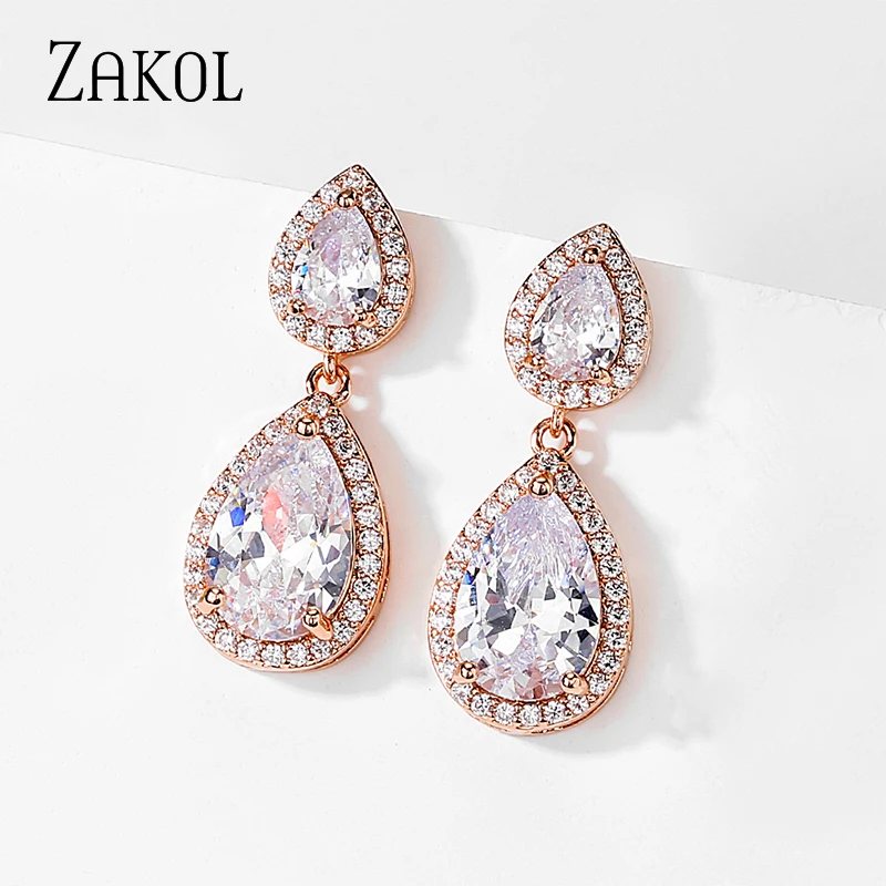 

ZAKOL New Classic Exquisite Water Drop Cubic Zirconia Dangle Earrings for Brides Luxury Crystal Bridal Wedding Jewelry
