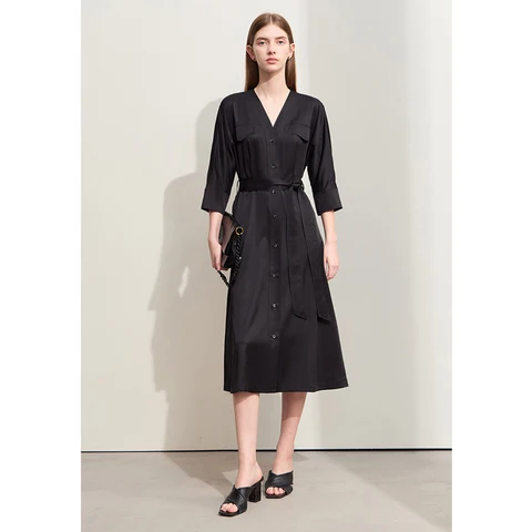 Платье трапециевидной формы Amii в стиле минимализм для женщин, с v-образным вырезом и поясом, эластичные шелковые легкие модные платья в стиле ретро 12442321