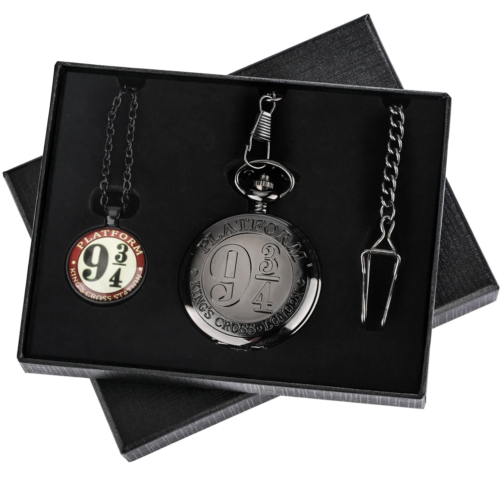 Retro Vintage Black Design Watch Gift Set Quartz Pocket Watch Necklace Chain Accessories Pendant Clock Gifts Box for Men Women