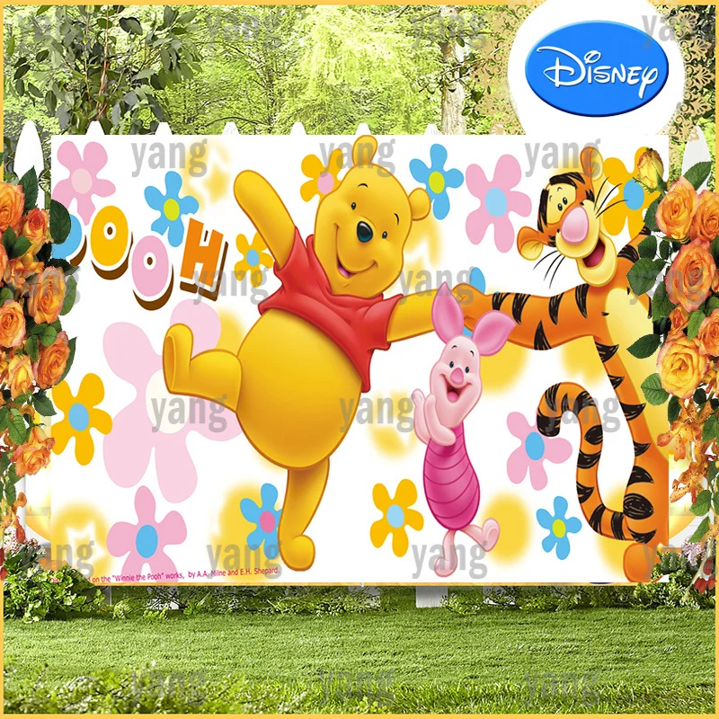 Lovely Custom Flowers Disney Cartoon Photo Background Warm Birthday Decoration Backdrop Party Winnie Bear Tigger Piglet Banner