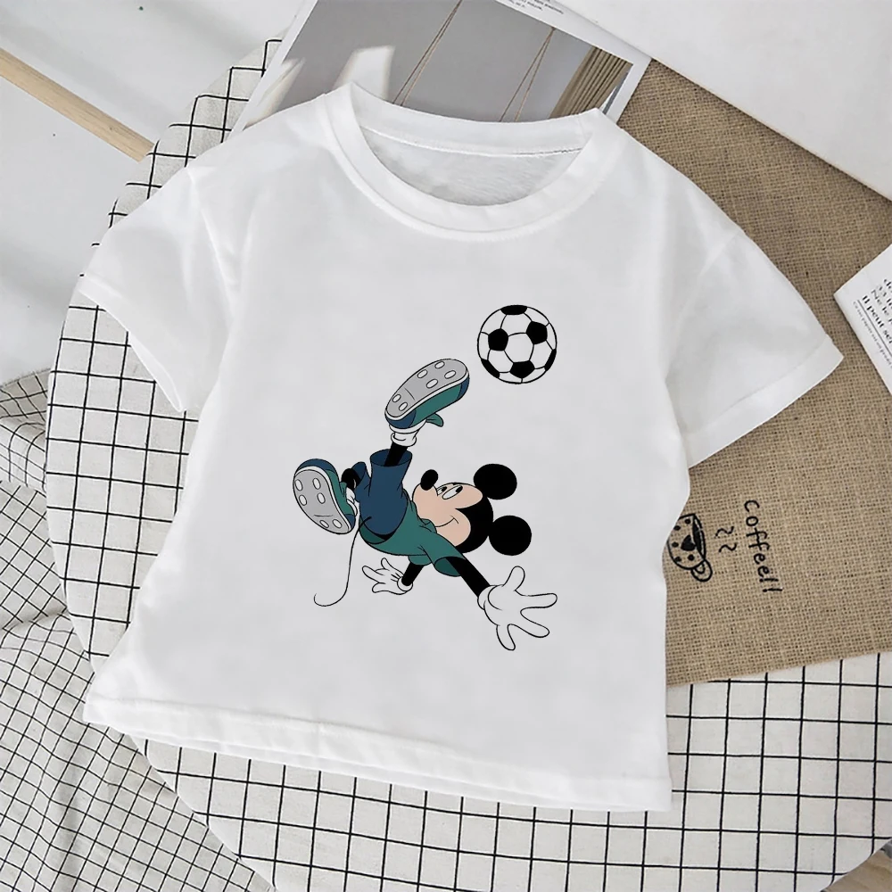 

Disney Child 3-8T Size White T-Shirt Mickey Mouse Football Boy Print Unisex Kids T Shirt Casual Style Minimalist Comfy Tops Tees