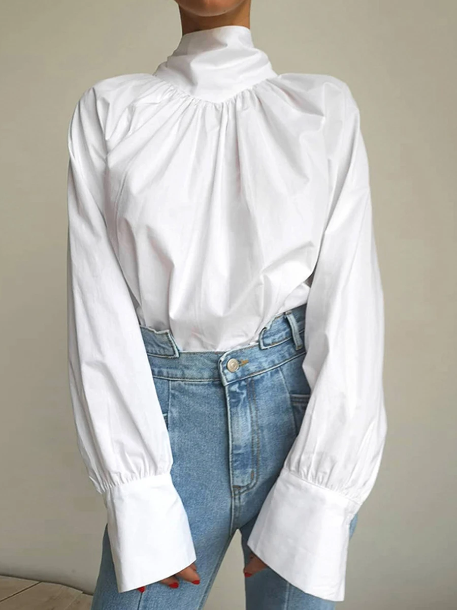 

Design Elegant Chic Women Blouse 2023 Autumn Stand Collar Long Lantern Sleeve Bow Cut Out Female Shirt Fashion Office Lady Blusa