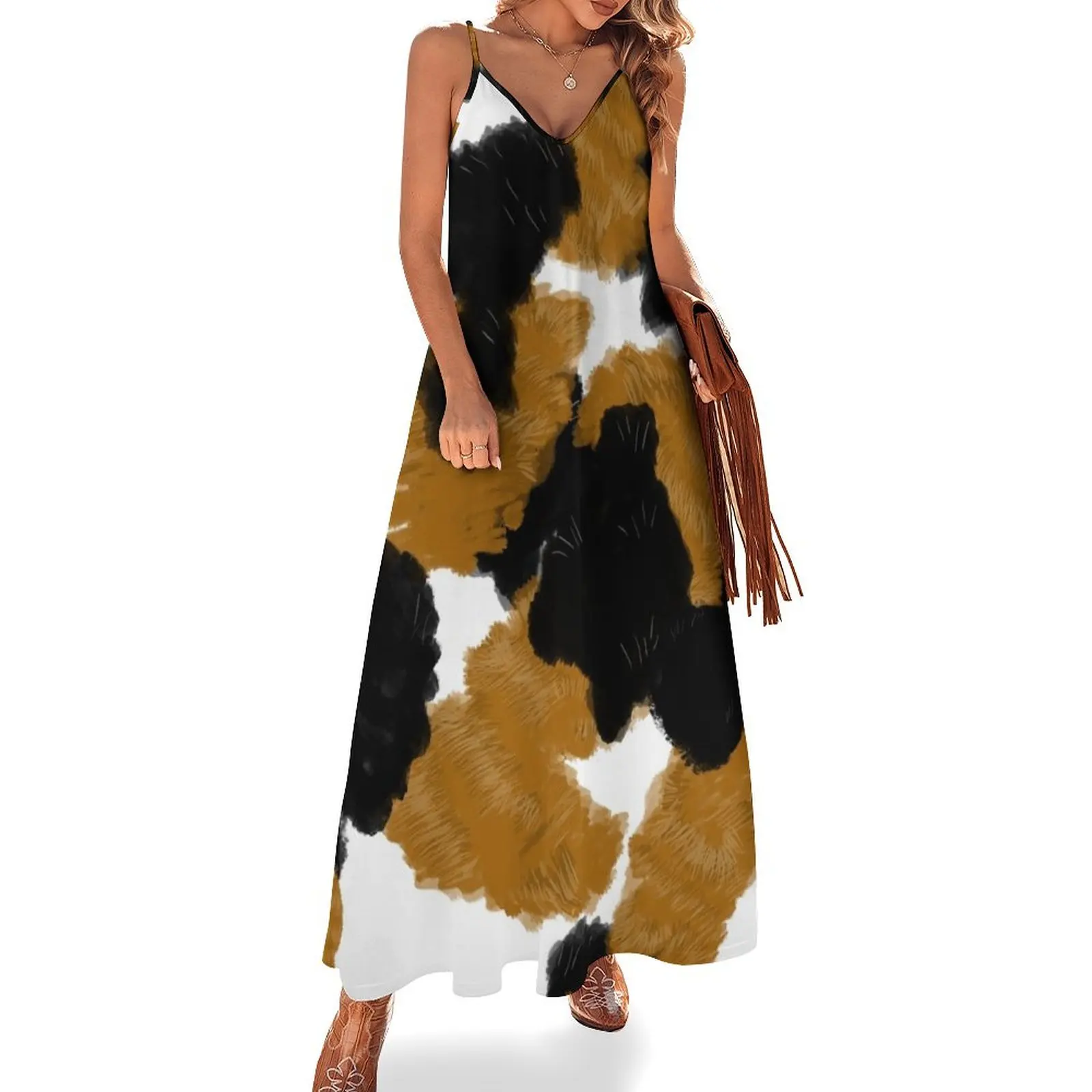 Длинное платье без рукавов с принтом меха ситца платья для выпускного вечера