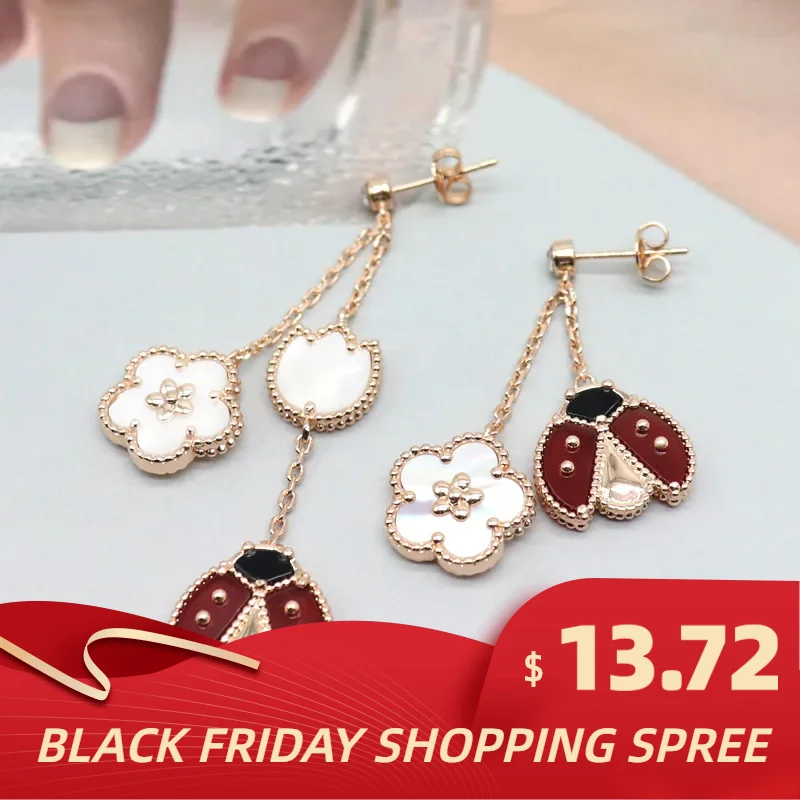 

Lucky Flower Tassel White Fritillaria Earrings Asymmetric Women Design Seven Star Ladybug Earrings For Women Fashion Jewelry