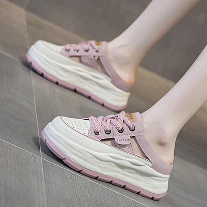 6CM Lace Rhinestone Decor Genuine Leather Slides Hollow Ladies Summer Breathable Ankle Boots Women Platform Sandals Wedge Shoes