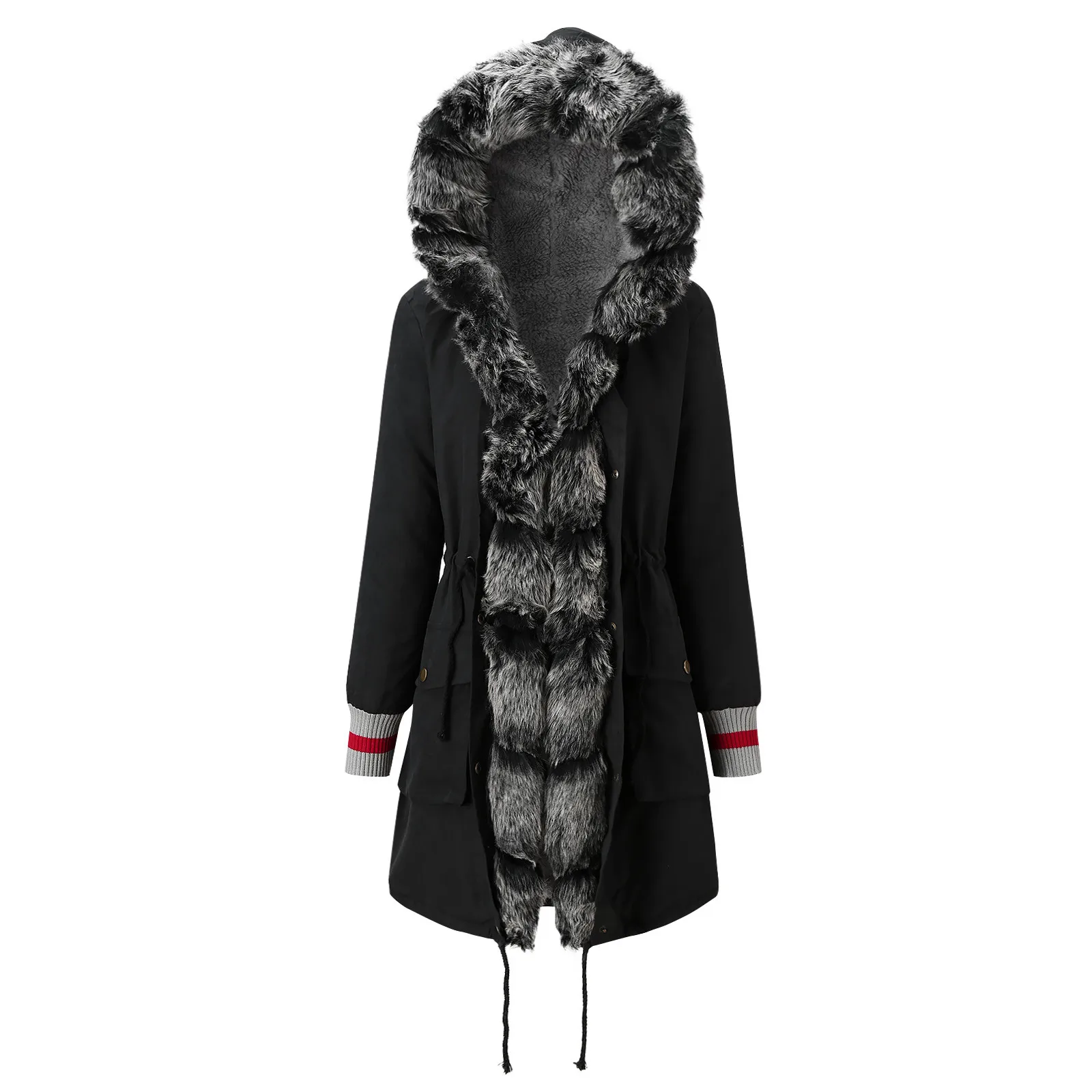 

Winter Mid-model Faux Sweater Coat Women's Hooded Splicing Winter Warm Windproof Coat Cold Lapel Cotton Padded Female Coat Warm