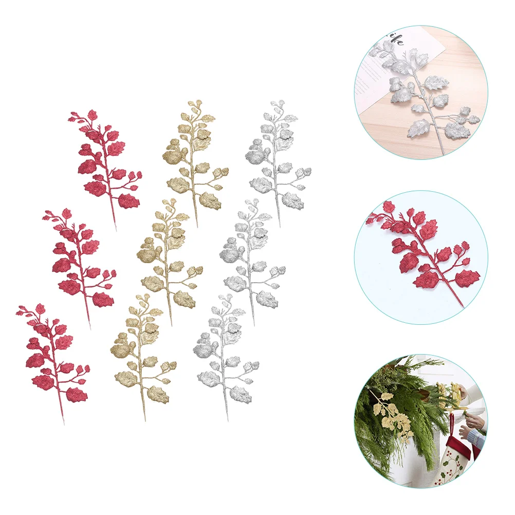 

Christmas Leaves Picks Leaf Artificial Glitter Holly Arrangements Flower Stems Tree Centerpiece Stem Plants Giltter Wreath