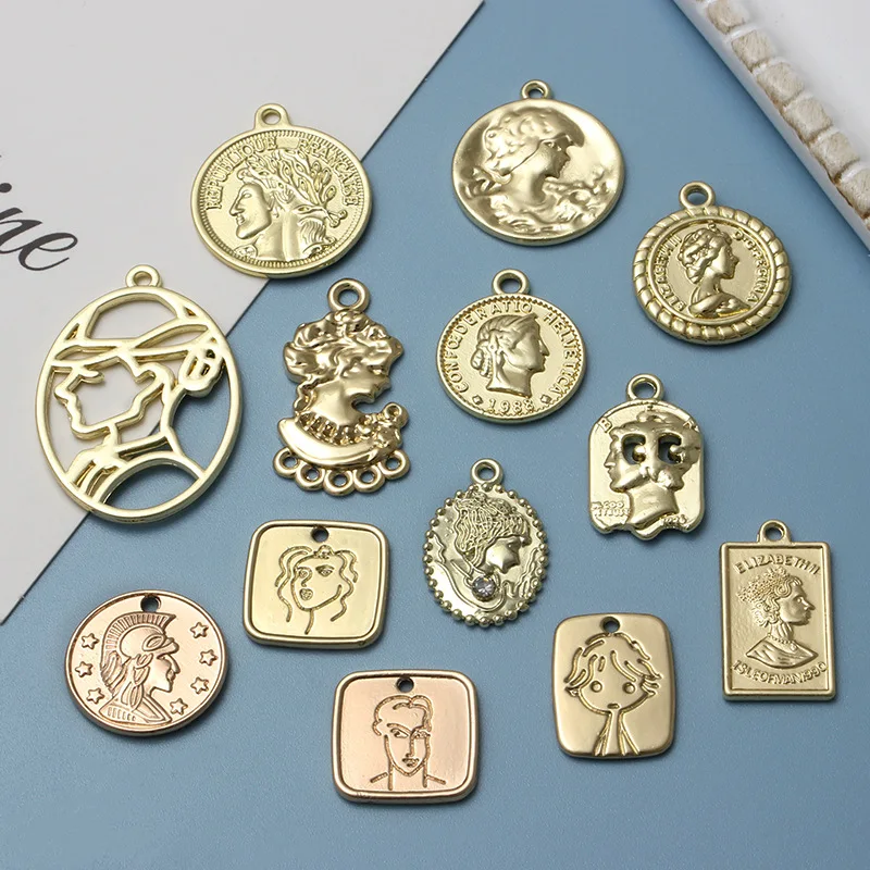 

10pcs Round Coin Pendant Greek Gold Layered Necklace Charm Earrings Jewelry Making Gold Plated Medallion Vintage Artisan Jewelry