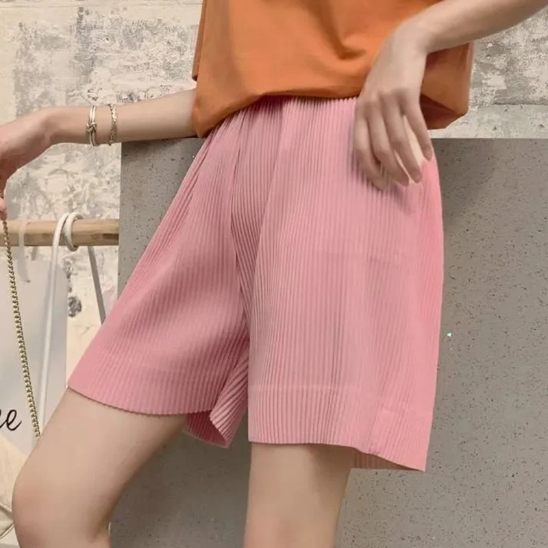 Rimocy Pink Wide Leg Women's Summer Shorts 2022 Casual Elastic High Waist Shorts Women New Solid Color Loose Sports Pants Woman