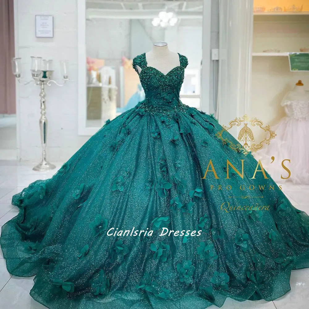 

Изумрудно-зеленое бальное платье с рукавом-крылышком, платье для Quinceanera, украшенное бисером, с блестками, с цветами ручной работы, платье для...