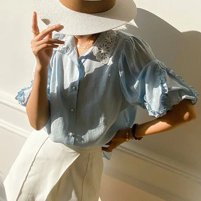 

Женская блузка с коротким рукавом TEELYNN, блузка с воротником «Питер Пэн» с оборками, винтажные кружевные блузки в стиле бохо, свободная летняя рубашка, блузки 2022