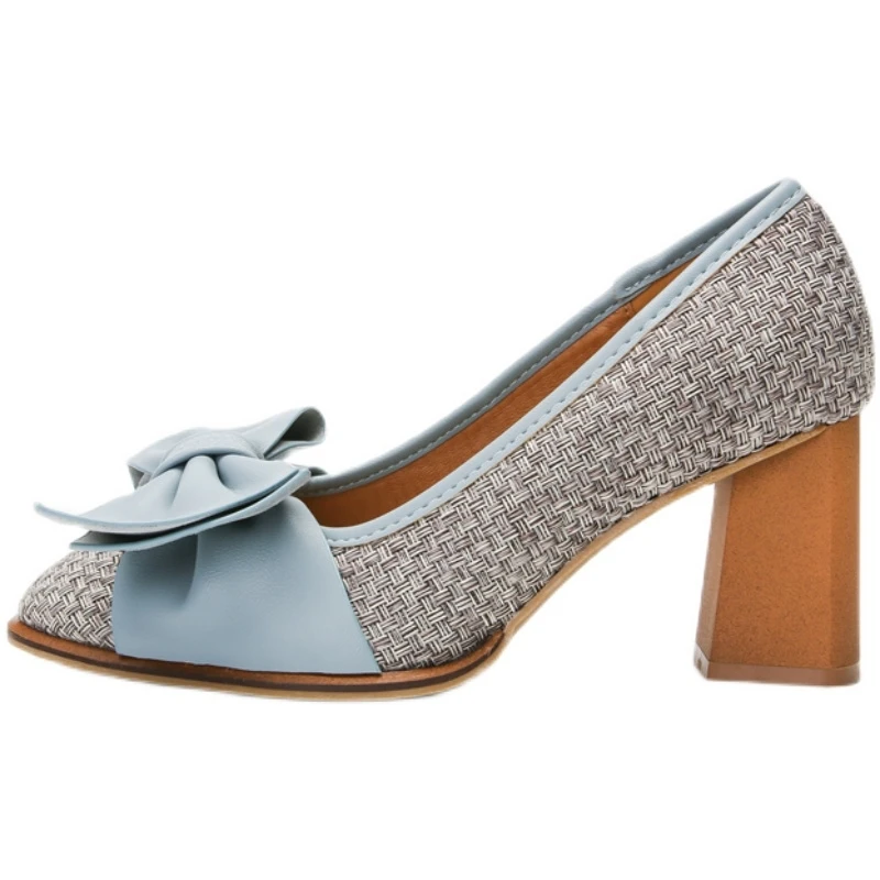 

2023 Retro Shallow Cut Mary Jane Women's Single Shoes New Spring and Autumn Bow Color-blocking Woven High Heels Women