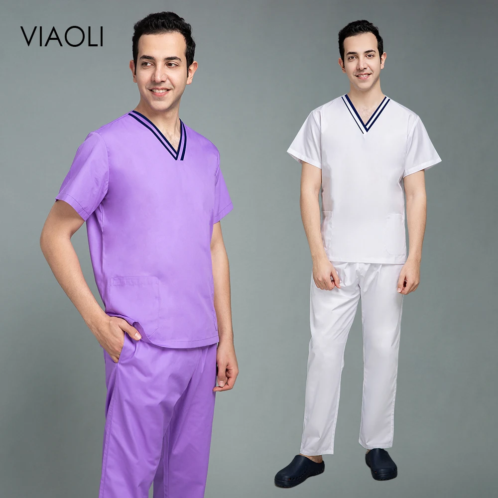 

Men's High Quality Clinic Pharmacy Wholesale Workwear V Neck Summer Short Sleeve Nurse Pharmacy Dentist Cleaning Scrubs Suit
