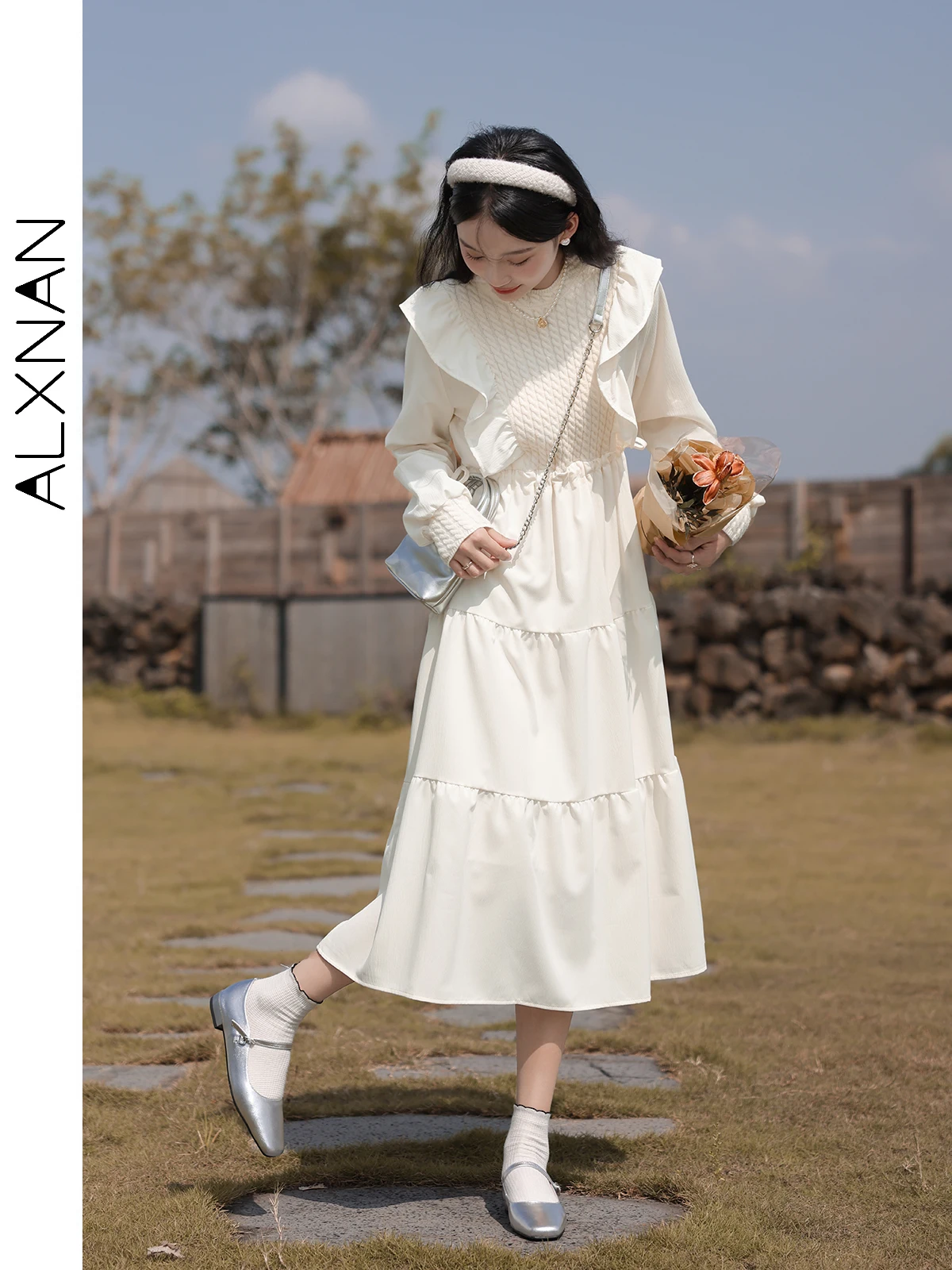 ALXNAN белое платье во французском стиле для женщин 2024 осень-зима новые лоскутные