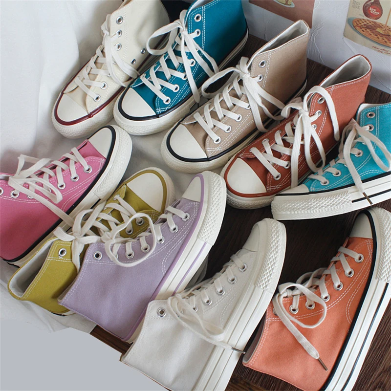 

2022 Women Canvas Sneakers High Top Spring Woman Vulcanized Shoes Flat Ladies Lace Up Casual Sneakers Tennis Female White Black