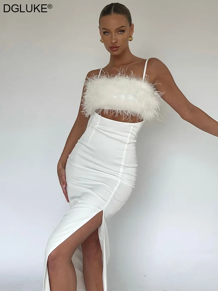 Spaghetti Strap Cut Out Backless Maxi Dress Elegant White Formal Party Dresses Sexy Women Summer Long Dress With Feather 2022
