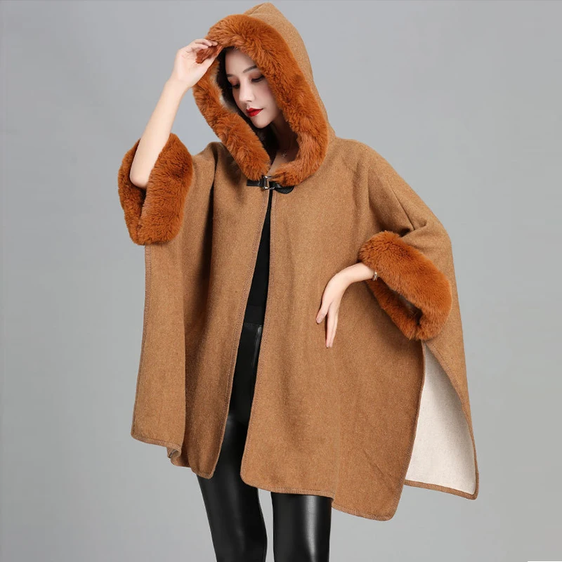 Oversized Loose Single Button Cardigan Rex Rabbit Fur Collar Capes & Ponchos Hooded Faux Fur Large Size Coat Autumn Winter