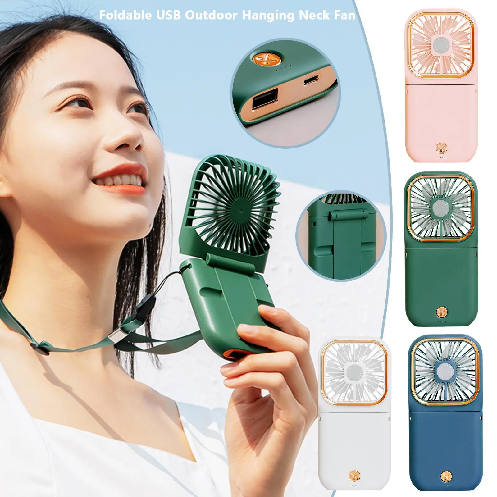 

Foldable USB Outdoor Hanging Neck Fan Portable Charger Small Fan Travel Small Personal Fan Camping Equipment