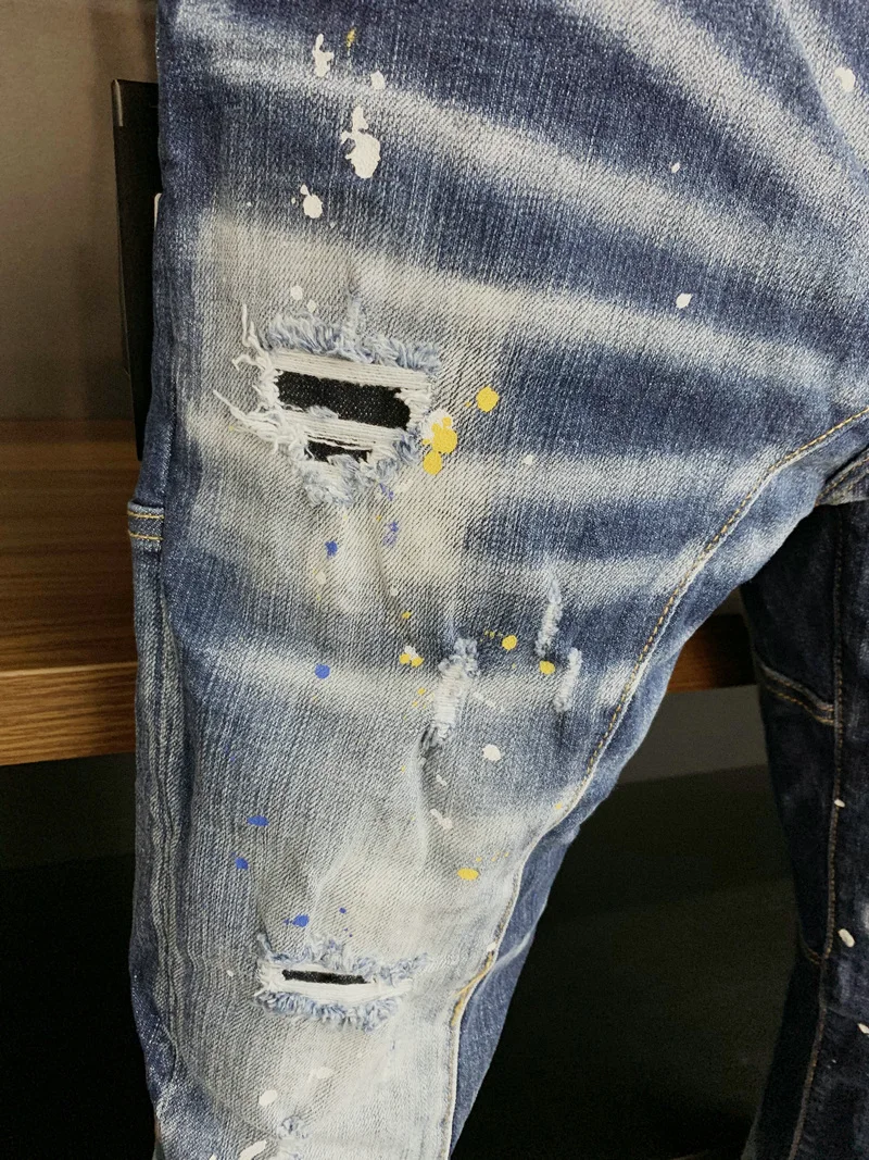 New Men's Dsquared2 Buttons Jeans Ripped For Male Skinny  Pants Men's Denim Trousers Top Quality Slim Jeans A390