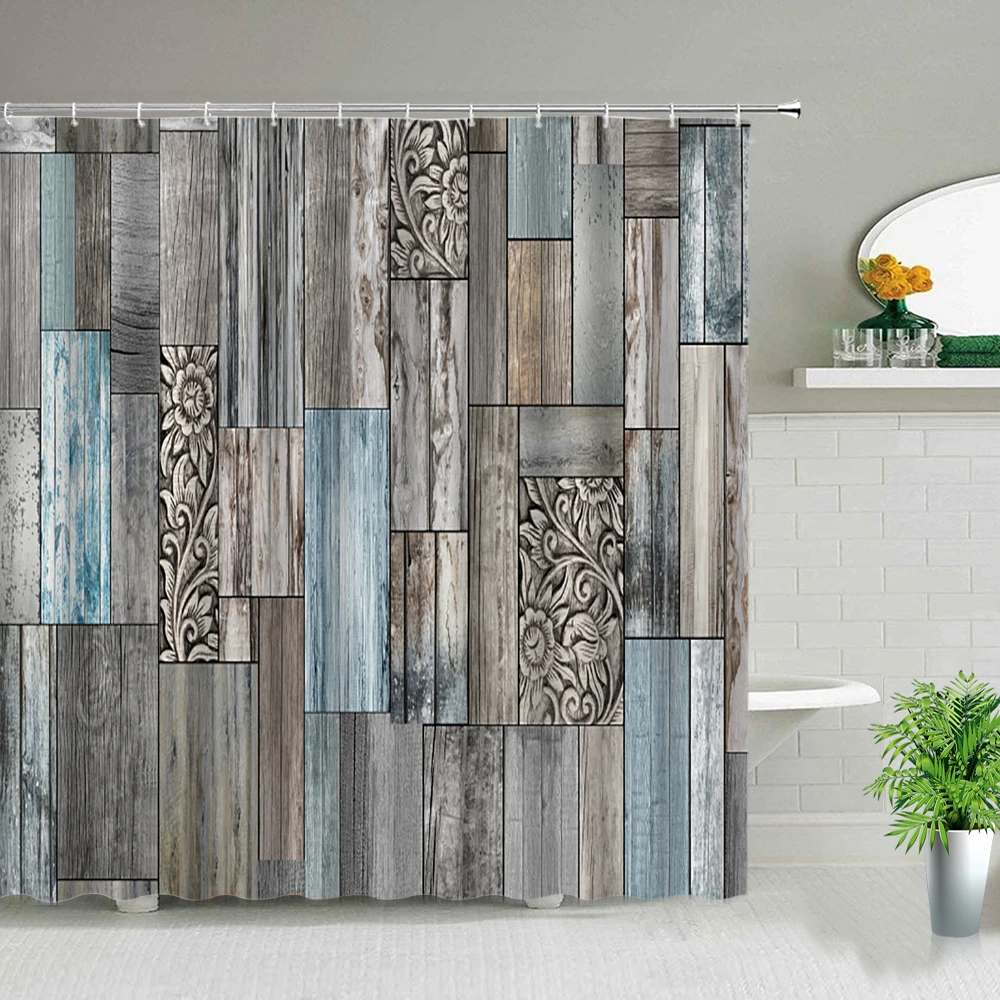 

Vintage Wood Doors Shower Curtain Set Waterproof Fabric Bathroom Curtains Bathtub Decor Bath Screens With Hooks
