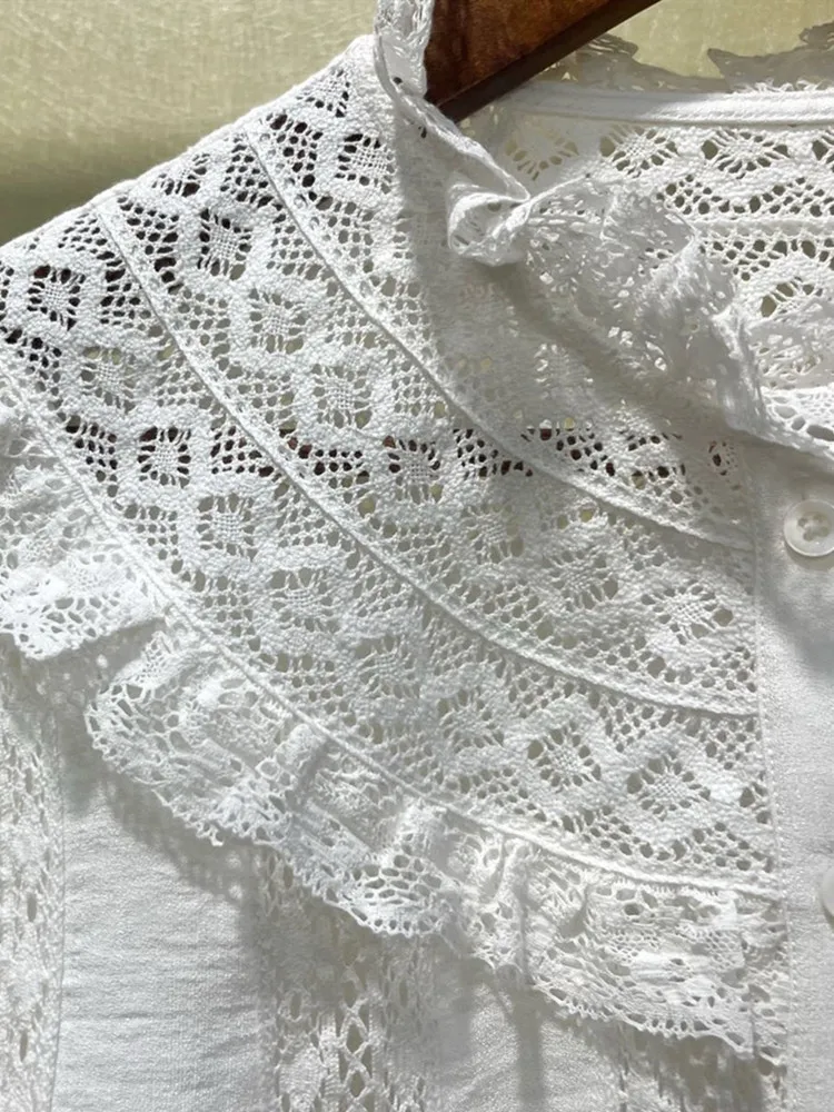 

Women Shirt Lace Stitching Hollow Out Long Sleeve Single Breasted Solid Blouse Sweet Spring