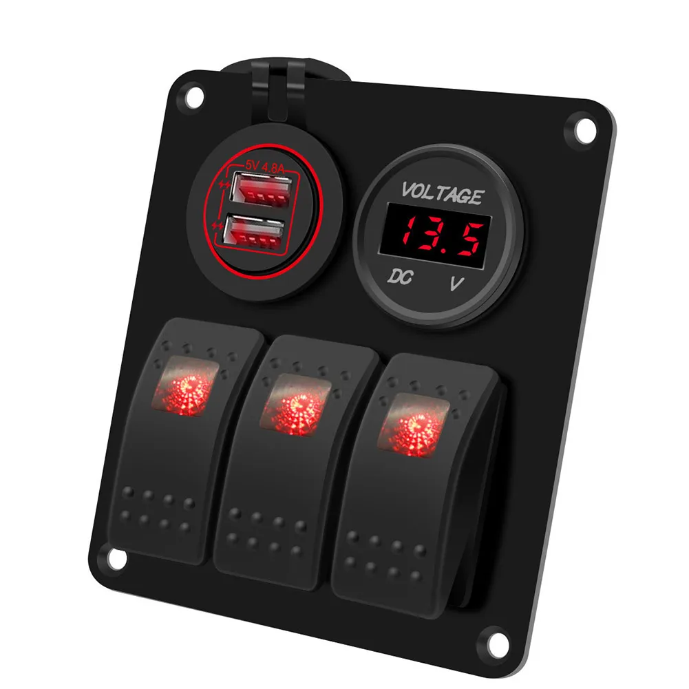 

3 Stable Gang 12V/24V Switch Panel QC 3.0 Car Boat Yacht LED USB Rocker Breaker Controls 16A 192W Black Real Time Monitor