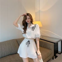 sports style suits women summer korean short sleeved navel tops and fashion wide leg shorts two piece sets casual womens clothes