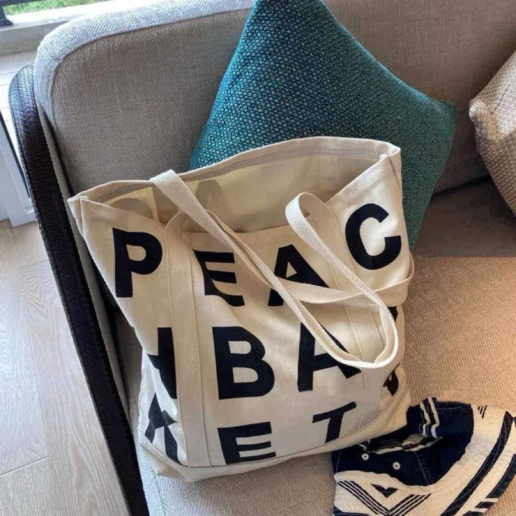 

Women Canvas Shoulder Bag Letter Printing Ladies Casual Handbag Tote Bag Large Capacity Cotton Reusable Shopping Beach Bag 2022