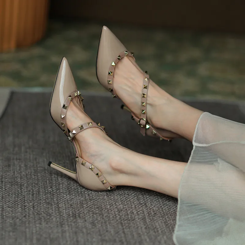 Luxury Designer Women's Shoes Rivet Sandals Real Leather High Heels Summer Classic Pumps 6cm 8cm 10cm Thin Heel Party Shoes 41