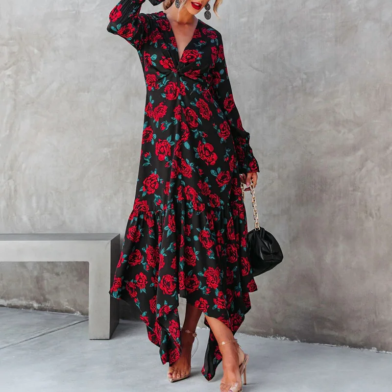 

2022 New Dress Autumn Fashion Long Sleeve V-Neck Print Dress