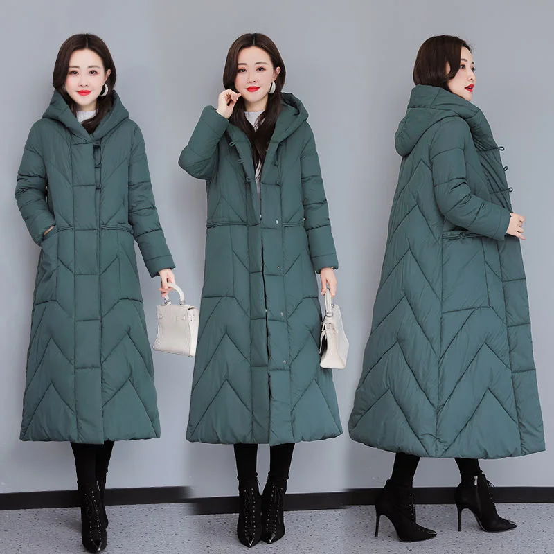 Winter Long Knee Length Women's Cotton Clothes 2022 New Chinese Style Loose Coat Silk Cotton Thick Hooded Black Padded Jacket