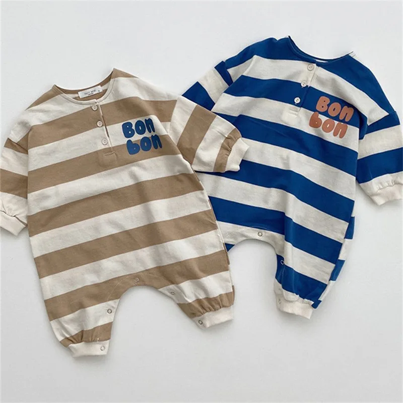 

2022 New Newborn Infant Long Sleeve Casual Romper Cotton Baby Striped Jumpsuit Autumn Fashion Letter Print Boys Girl Clothes