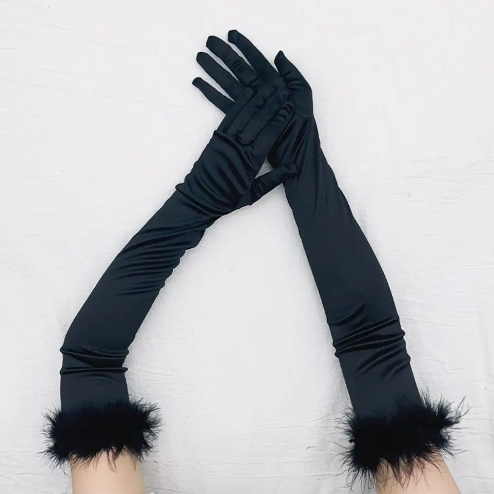 

Solid Color Gloves Elegant Satin Prom Party Gloves Soft Hair Decor Over Elbow Length Vintage Cosplay Long Gloves for Ladies Soft