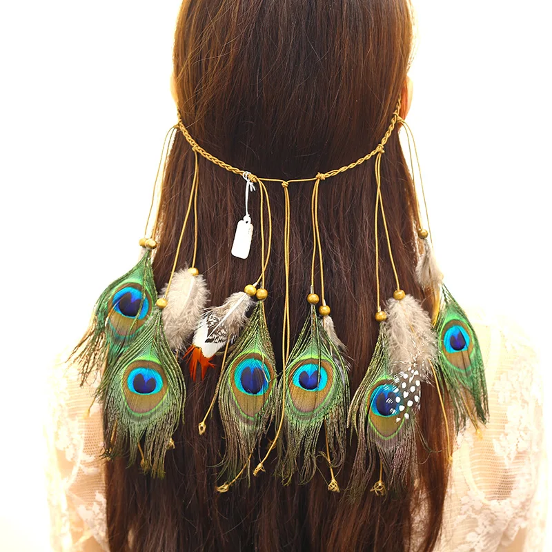 

Богемные аксессуары для волос, повязка для волос с павлиньими перьями, модная повязка на голову в этническом стиле хиппи