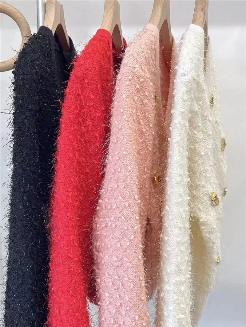 Женский вязаный кардиган с бриллиантами однобортный короткий свитер красного