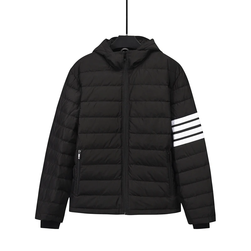 TB THOM Men's Jacket Winter Fashion Brand Down Jackets Down-Filled Matte Nylon White Stripes Hoodies Coats Casual Hooded Jackets