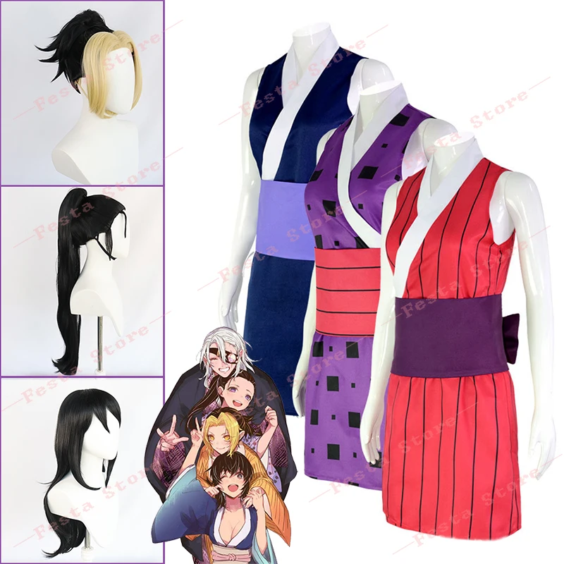 Костюм для косплея Макио из аниме рассекающий демонов желтый парик Тенген удзуй