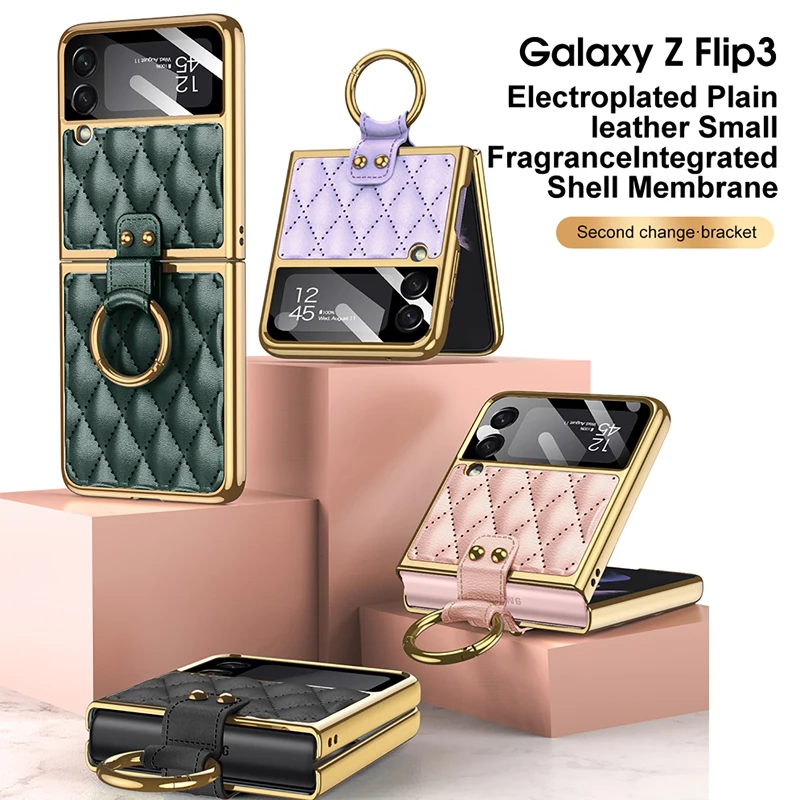 Case for Samsung Galaxy Z Flip4 Flip3 Plain Leather Folding Phone Case with Ring Stand All-Inclusive Z Flip3 4 Protective Cover