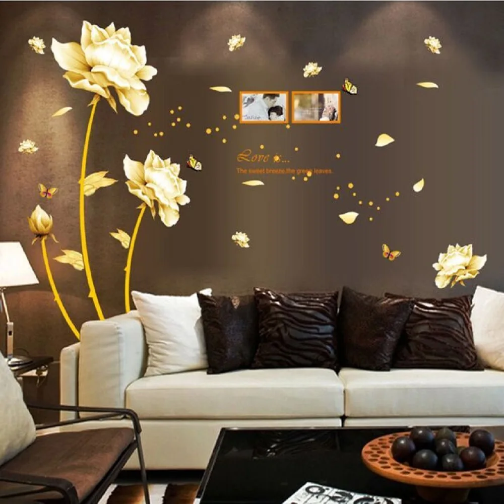 

Golden Time Riches and Honour Flowers Chinese Style DIY Wall Stickers living Room TV/Sofa background Mural Decal AY9188