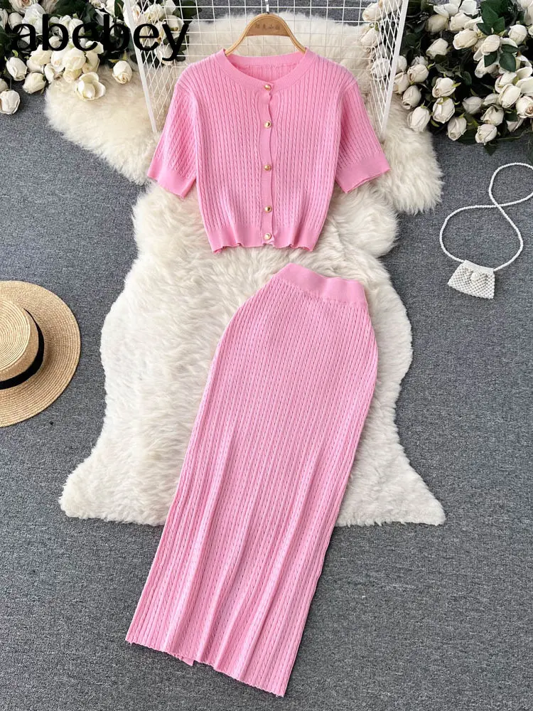 

Summer Knitted Casual Two Pieces Suits Women Short Sleeve Lace Up Blouse+Long Bodycon Skirt Hollow Out Fashion Sets