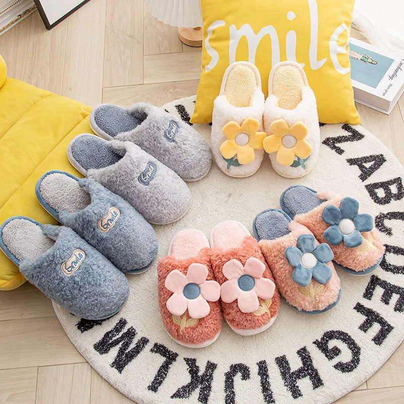 

Wool Slippers Female Autumn and Winter Home Net Red Couple Thick Bottom Lovely Family Plush Cotton Slippers Male