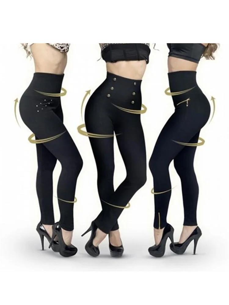 

2022 Women Pencil Pants High Waist Sexy Leggins Front Zipper Leggings Polyester Slim Button Decoration Push Up Trousers