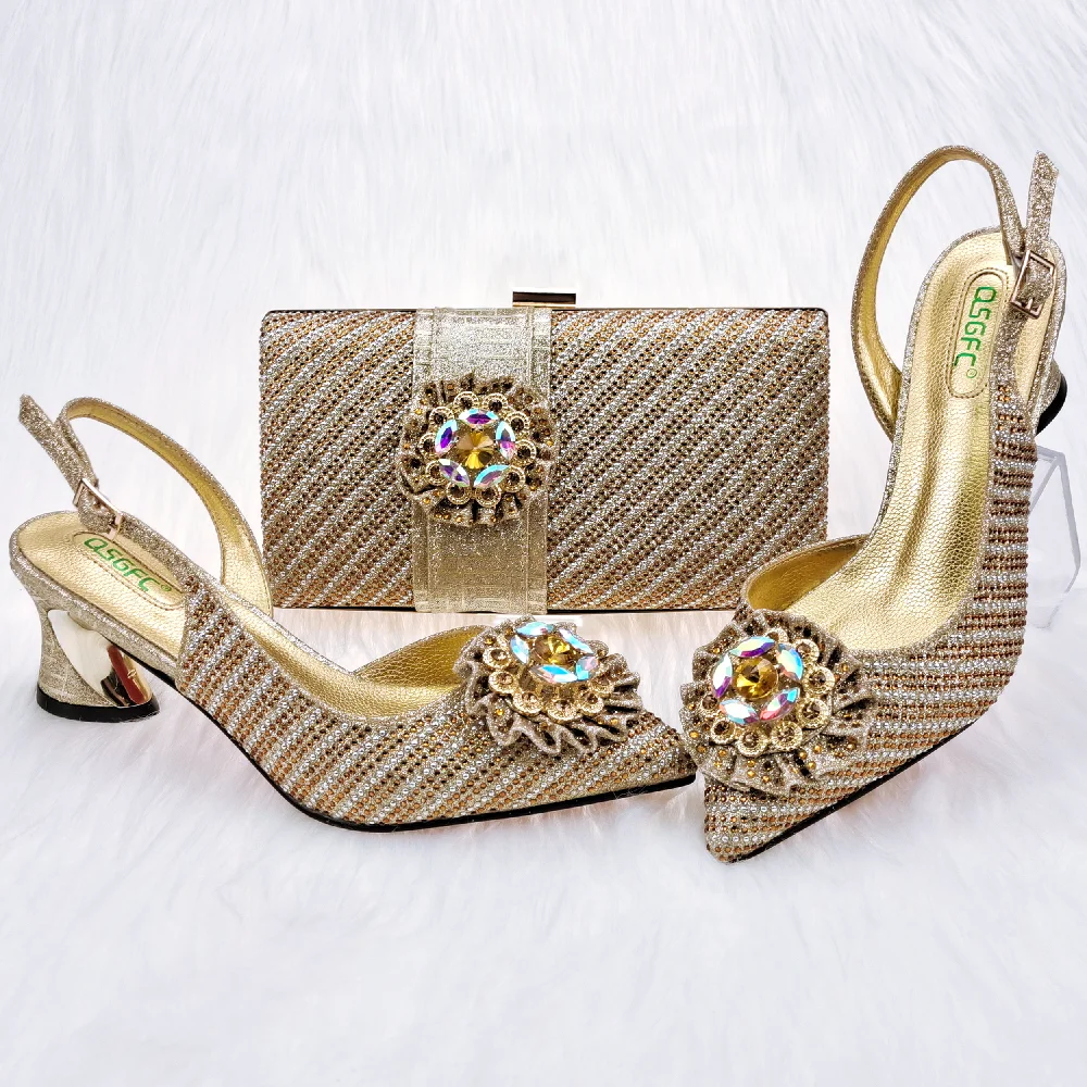 

Latest Gold Color Pointed High Heels Elegant Rhinestone Flower Design Party Women's Shoes Bag Set