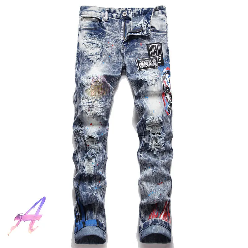 

Shredded Patch Embroidered Denim Trousers Stretch Straight Fit Men's Jeans