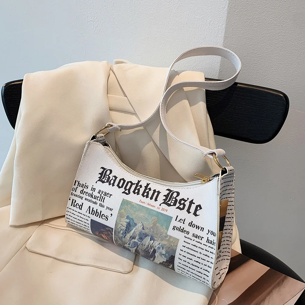 

Casual Female PU Leather Shoulder Bags Small Newspaper Printing Underarm Bags Ladies Single Strap Shopping Handbags