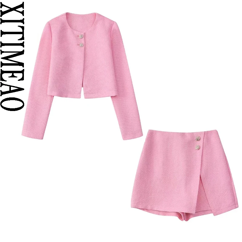 

Xitimeao Женская мода твидовая открытая куртка пальто Винтаж с длинным рукавом Передняя пуговица женская верхняя одежда и шорты с высокой тали...