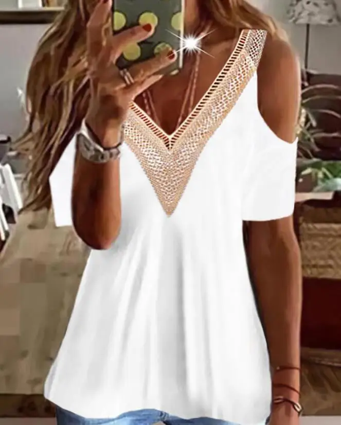 

Tops Women 2022 Lace Trim Cold Shoulder Top Sexy V-Neck Short Sleeve Shirt Elegant All-Match Daily Club Streetwear